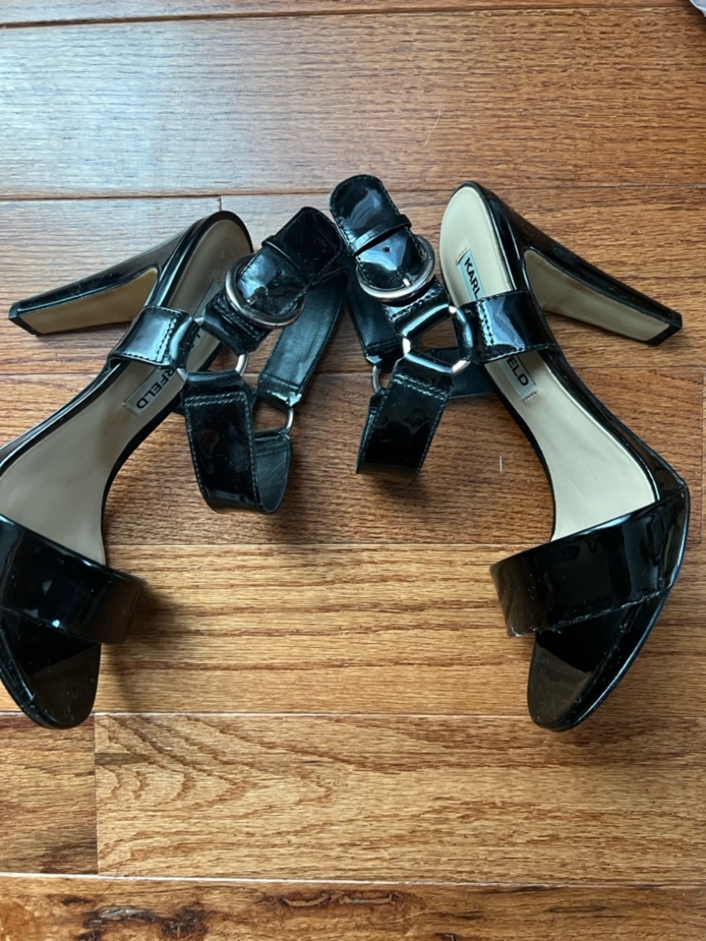 Karl Lagerfeld Black Patent Ankle-Strap Stiletto Sandals - Picture 8 of 15